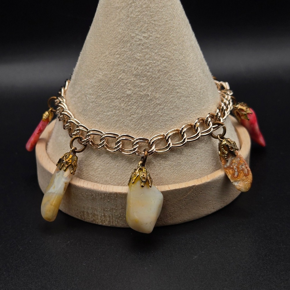 Vintage Germany Gold Tone Double Link Multi Color Tumbled Stone Charm‎ Bracelet - Picture 4 of 7